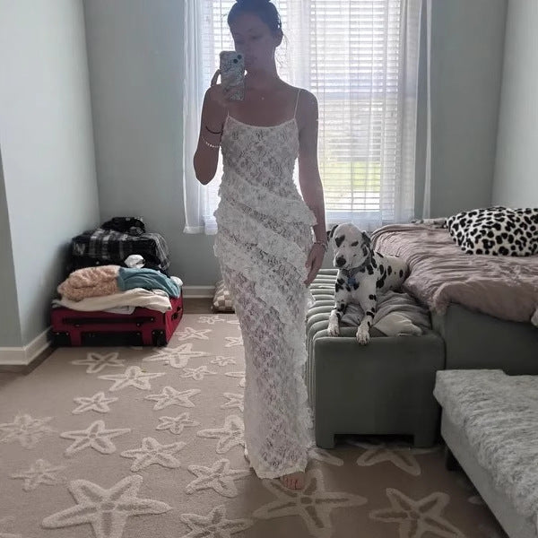 Damen Elegantes Spitzen-Maxikleid mit asymmetrischen Drapierungen Echo Archiv