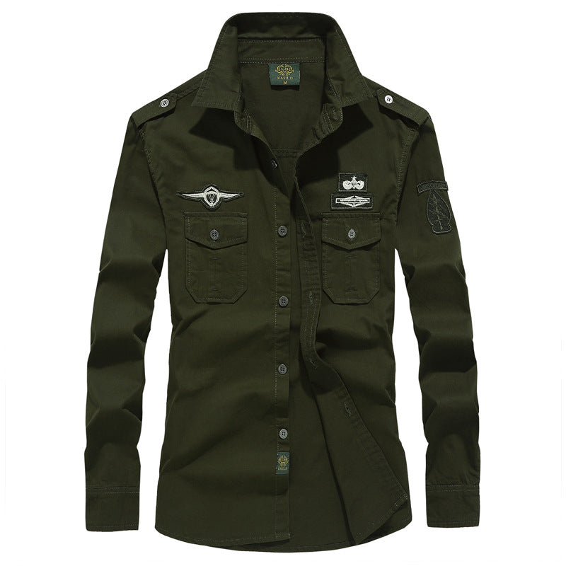 Herren nan militärisch inspiriertes Utility-Hemd aus Baumwollmix mit Epauletten, Brusttaschen und Emblem-Patches Echo Archiv