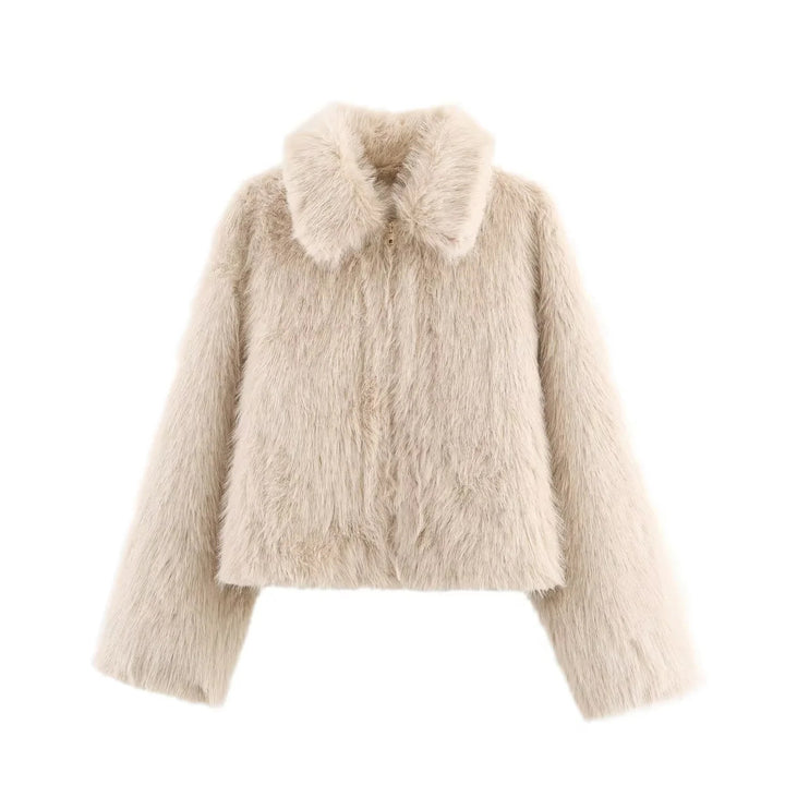 Damen kurzer Kunstfellblouson im Cropped-Schnitt mit voluminösem Umlegekragen – Célinea