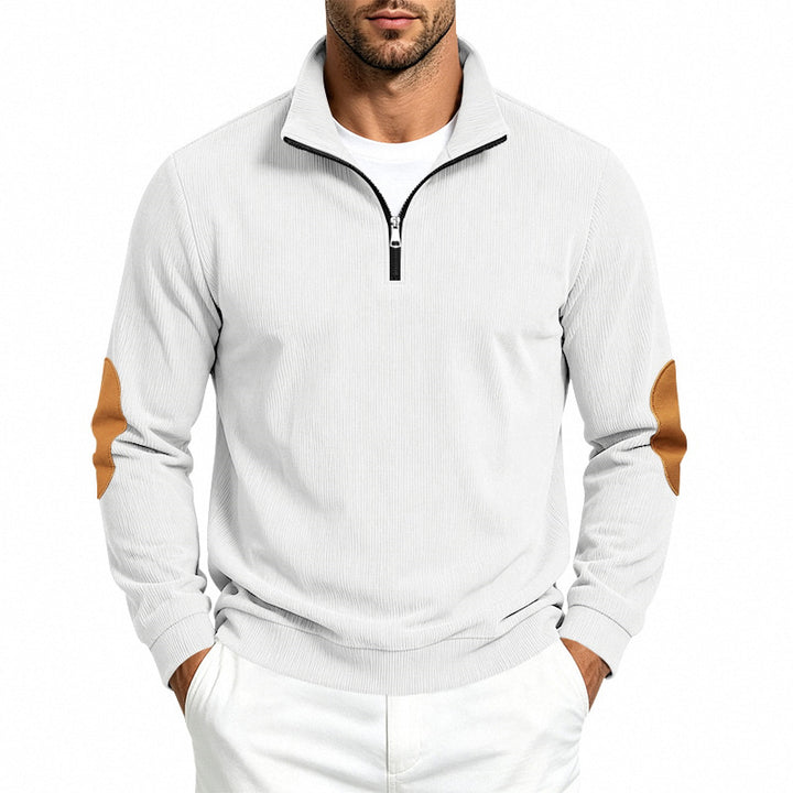 Herren Leichter Struktur-Halbzip-Pullover mit Cord‑Ellbogenpatches und Stehkragen Echoarchiv
