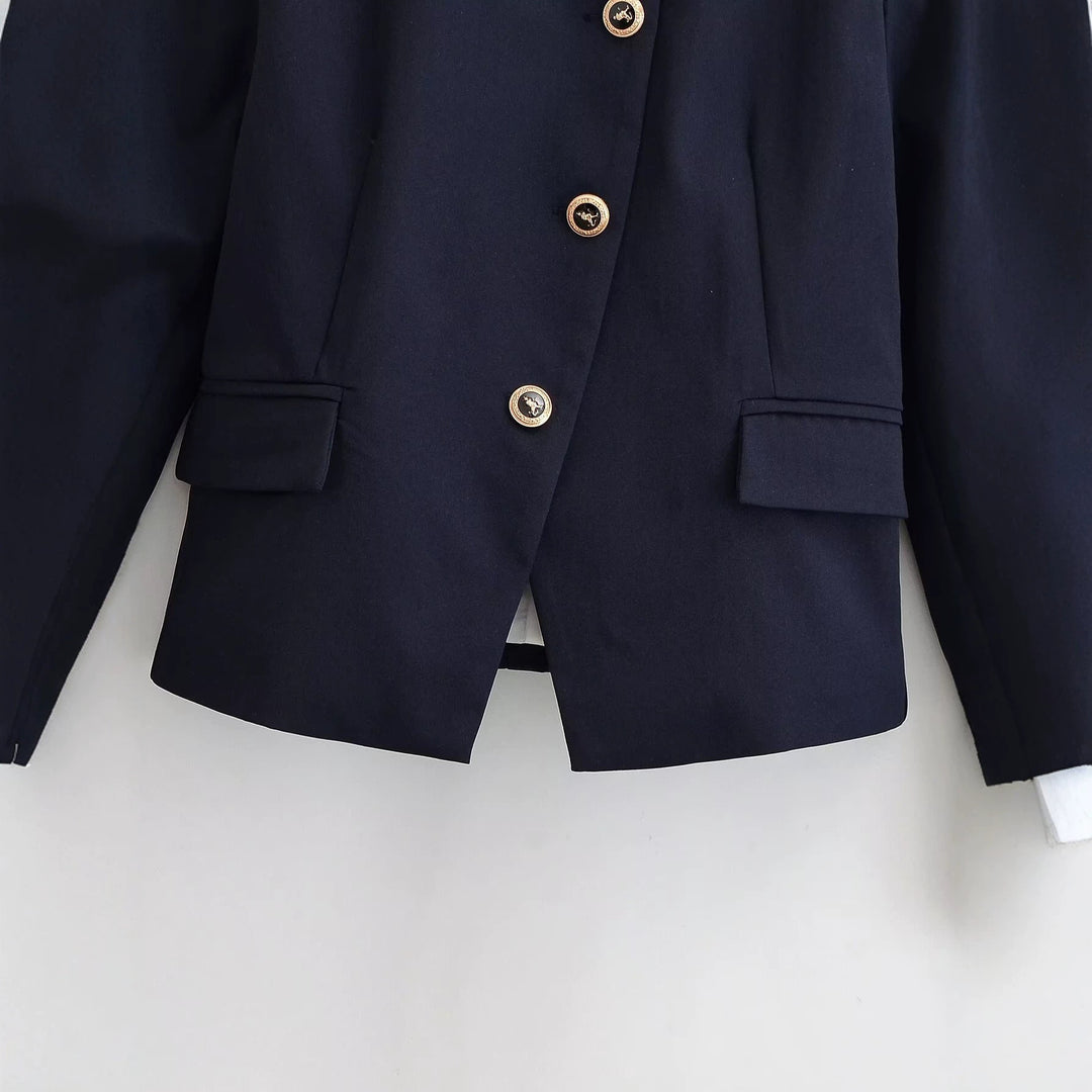 Damen Elegante taillierte Kurzjacke im Marine-Stil mit Stehkragen, Zierknopfleiste und Pattentaschen Echo Archiv