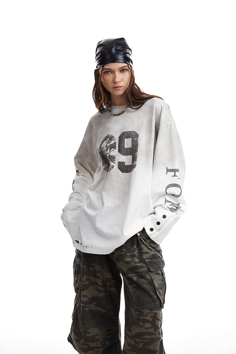 Herren Oversize-Longsleeve-Sweatshirt mit Print, verlängerten Manschetten und Used-Details Echoarchiv
