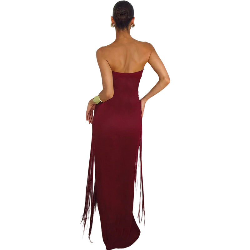 Damen Elegantes Maxi-Kleid mit Fransen und tiefem Ausschnitt Echo Archiv