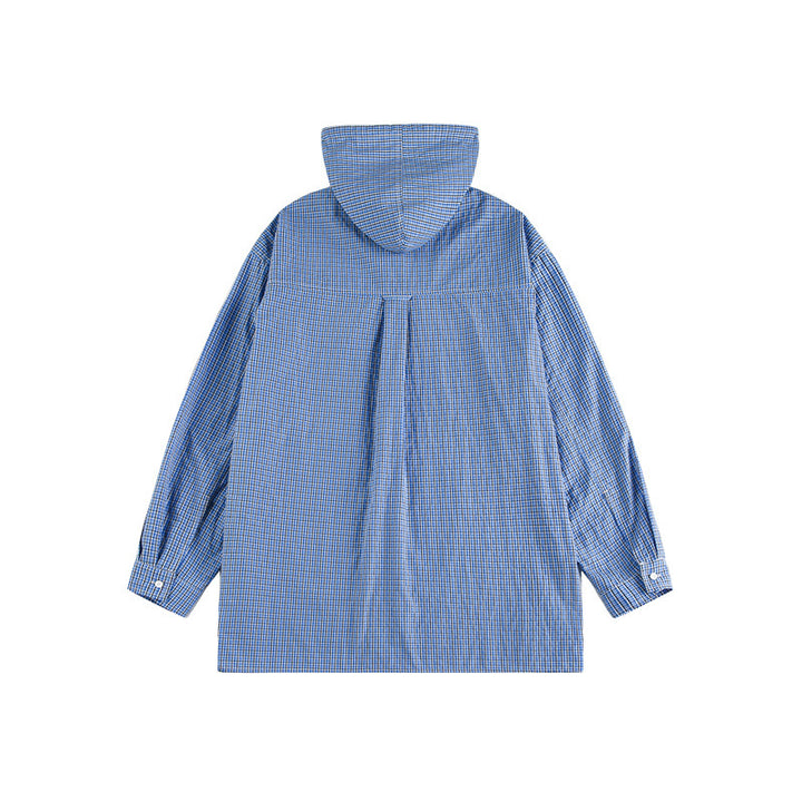 Unisex Kapuzen-Overshirt im karierten Longline-Schnitt mit Pattentaschen und Druckknopfleiste Echoarchiv