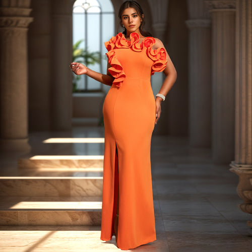 Damen Elegantes Maxikleid mit asymmetrischem Rüschenakzent und sexy Schlitz Echo Archiv