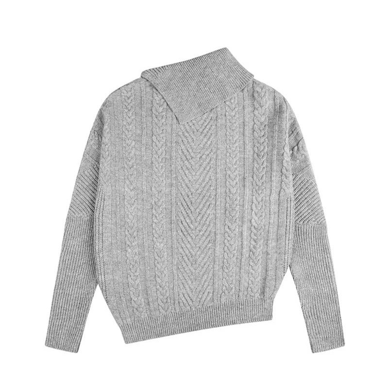 Damen asymmetrischer Zopfmuster-Pullover mit schrägem Rollkragen und Oversize-Schnitt Echoarchiv