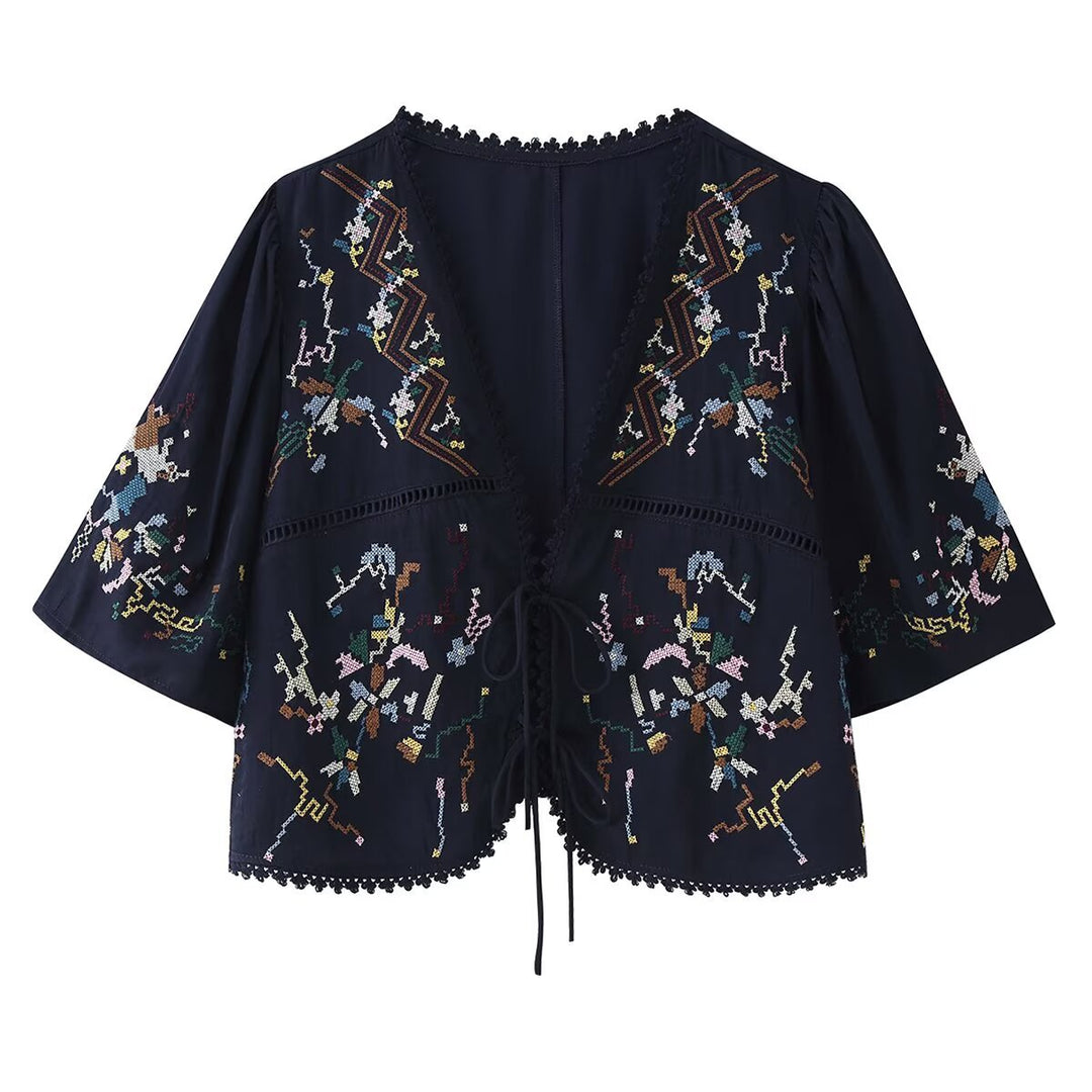 Damen Bestickte Boho-Kimono-Jacke mit Bindeband und Häkelbesatz Echo Archiv