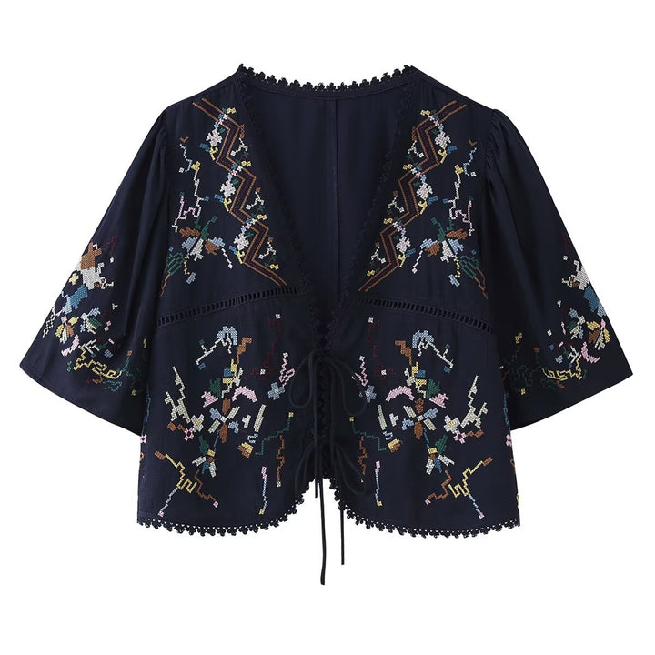 Damen Bestickte Boho-Kimono-Jacke mit Bindeband und Häkelbesatz Echo Archiv