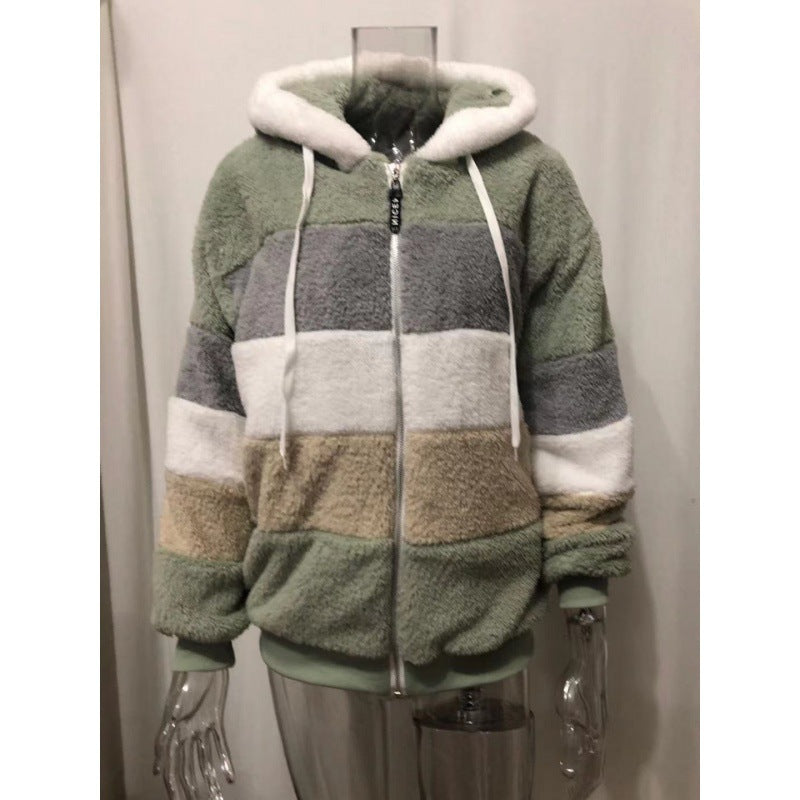 Damen Gestreifte Oversize-Teddyjacke mit Kapuze, Reißverschluss und Rippbündchen Echo Archiv