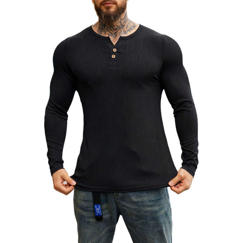 Herren nan geripptes Langarm-Henleyshirt mit flacher Knopfleiste und körperbetonter Stretch-Passform Echo Archiv