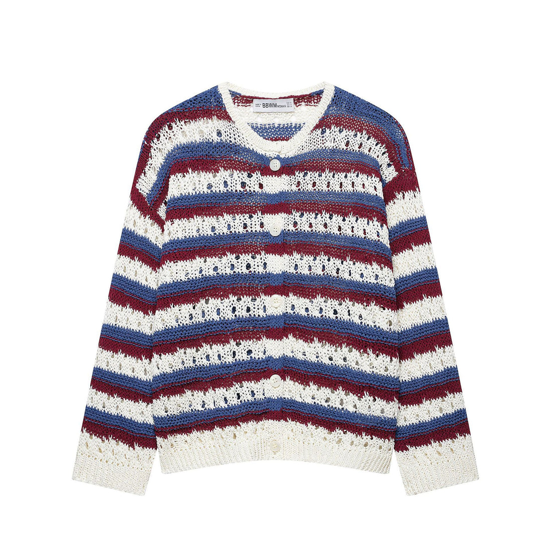 Damen Gehäkelter Cropped-Strickcardigan mit Lochstrick, Kontraststreifen und Perlmuttknöpfen Echoarchiv
