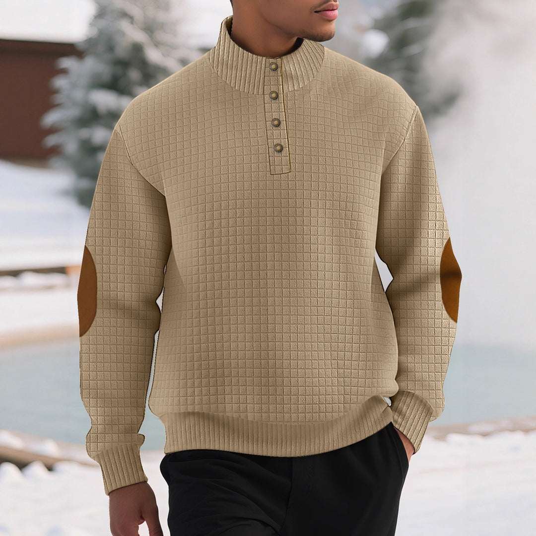 Herren modischer Stehkragenpullover mit strukturiertem Design und Lederapplikationen Echoarchiv