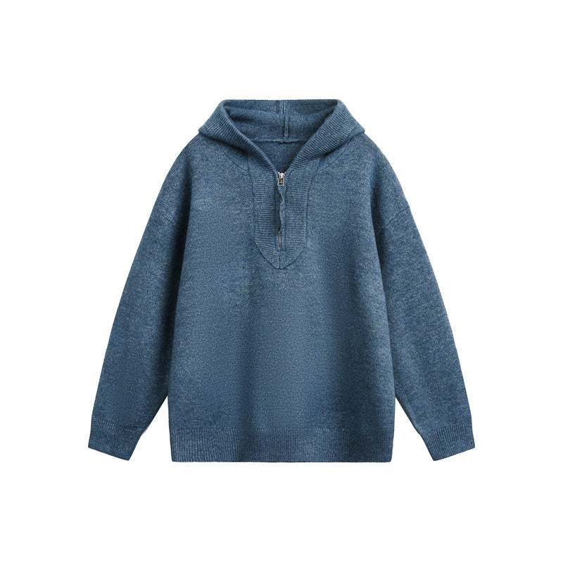 Unisex Grobgestrickter Kapuzenpullover mit halbem Reißverschluss und Boxy‑Schnitt Echoarchiv