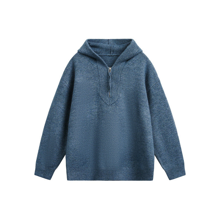 Unisex Grobgestrickter Kapuzenpullover mit halbem Reißverschluss und Boxy‑Schnitt Echoarchiv