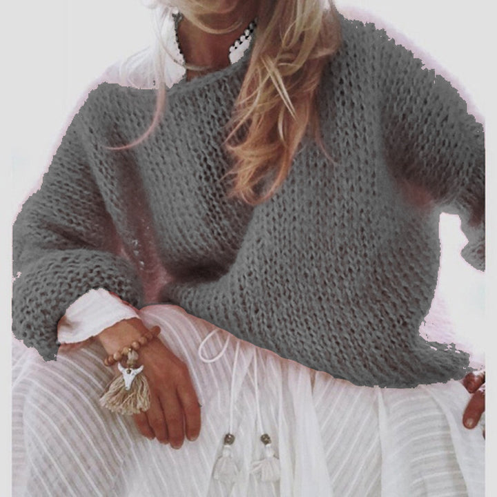 Damen Kurzgeschnitteter flauschiger Grobstrickpullover mit überschnittener Schulter – Mavelle