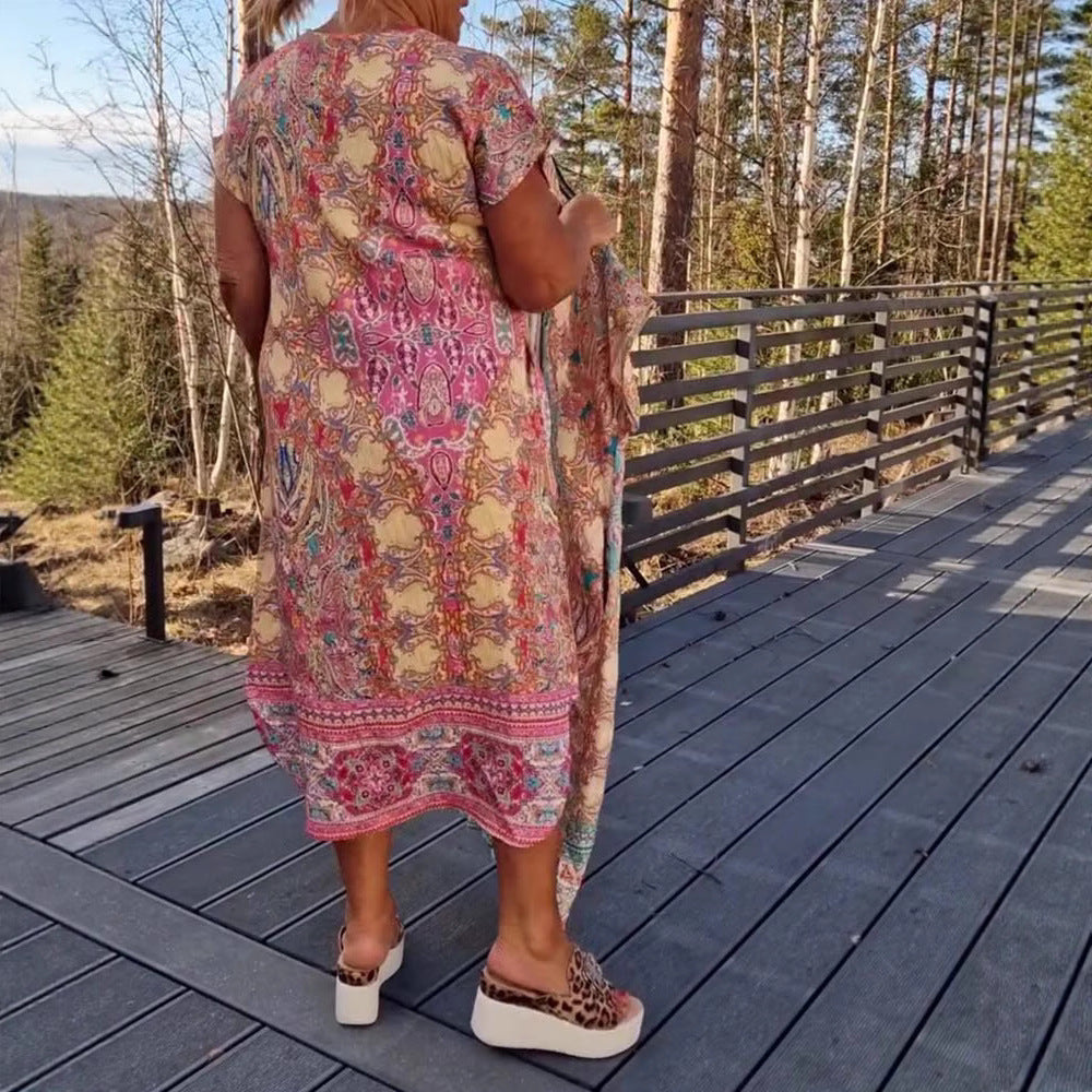 Damen nan fließendes Midikleid im Tunika‑Kaftan‑Mix mit V‑Ausschnitt kurzen Ärmeln lockerer Passform und passendem Pareo Echo Archiv