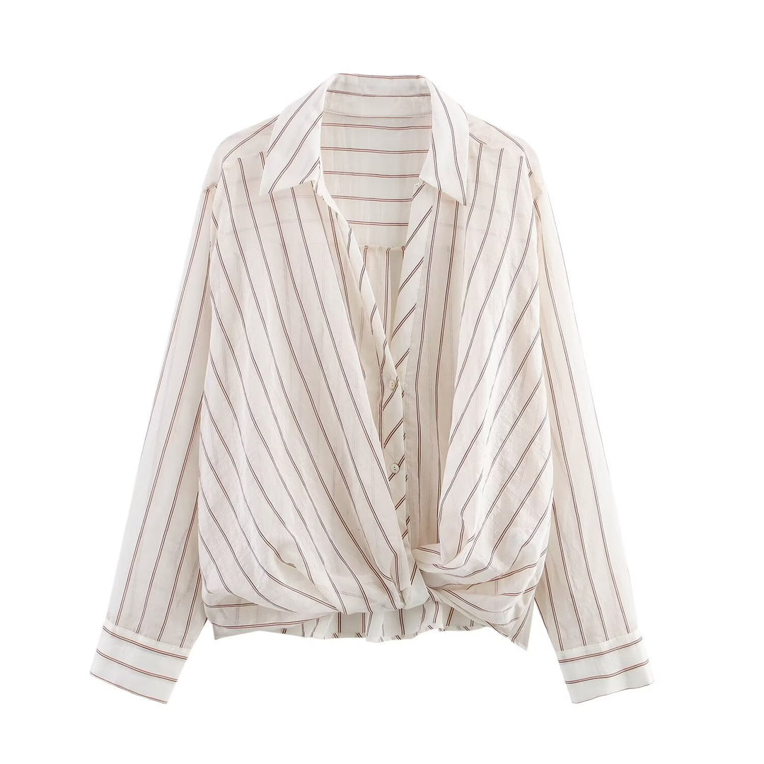 Damen Gestreifte Bluse mit Knotenfront und Hemdkragen Echo Archiv