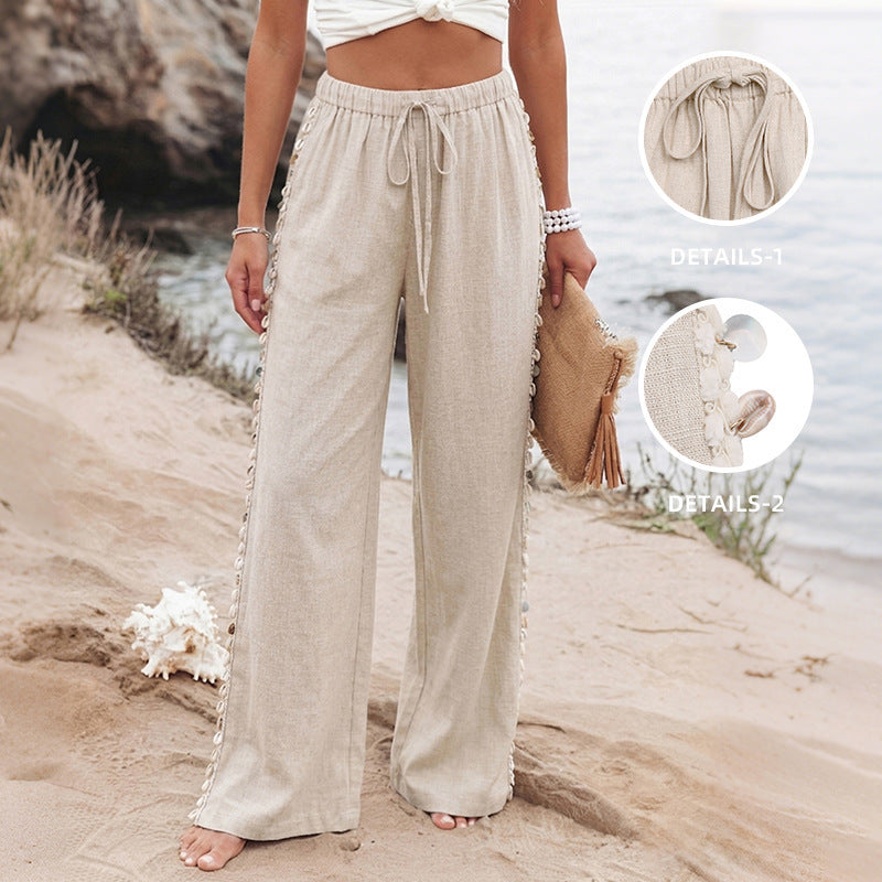 Damen Leichte Leinenhose mit weitem Bein, Kordelzug und geflochtenem Seitendetail Echoarchiv