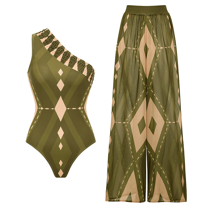 Damen Einteiler Badeanzug mit voluminösem Rüschendesign und passendem Stoffhose Echo Archiv