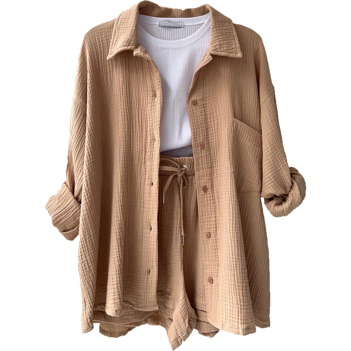 Damen nan lässiges oversized Hemd und Shorts Set mit Brusttasche Kordelbund und gerauter Baumwollstruktur Echo Archiv