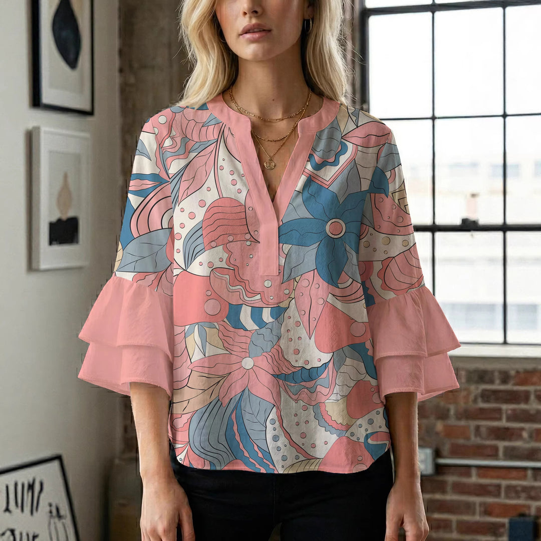 Damen Blumenkreation mit voluminösen Rüschenärmeln Echo Archiv