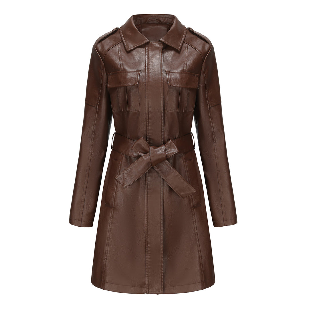Damen nan langer Kunstleder-Trenchcoat mit Taillengürtel und Schulterriegeln Echo Archiv