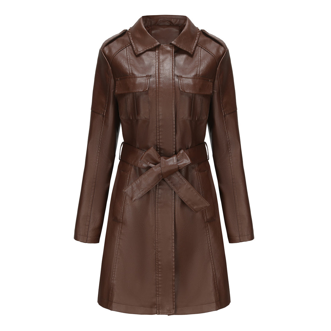 Damen langer Kunstleder-Trenchcoat mit Taillengürtel und Schulterriegeln – Avérine