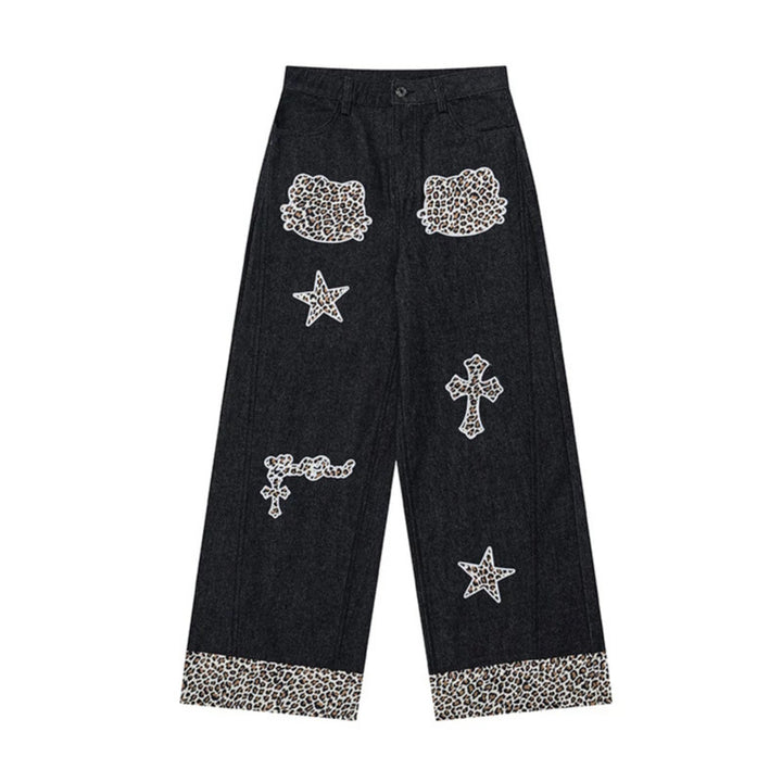 Damen Weite Highwaist Denim-Palazzohose mit Leoparden-Besatz und Applikationsstickerei Echoarchiv