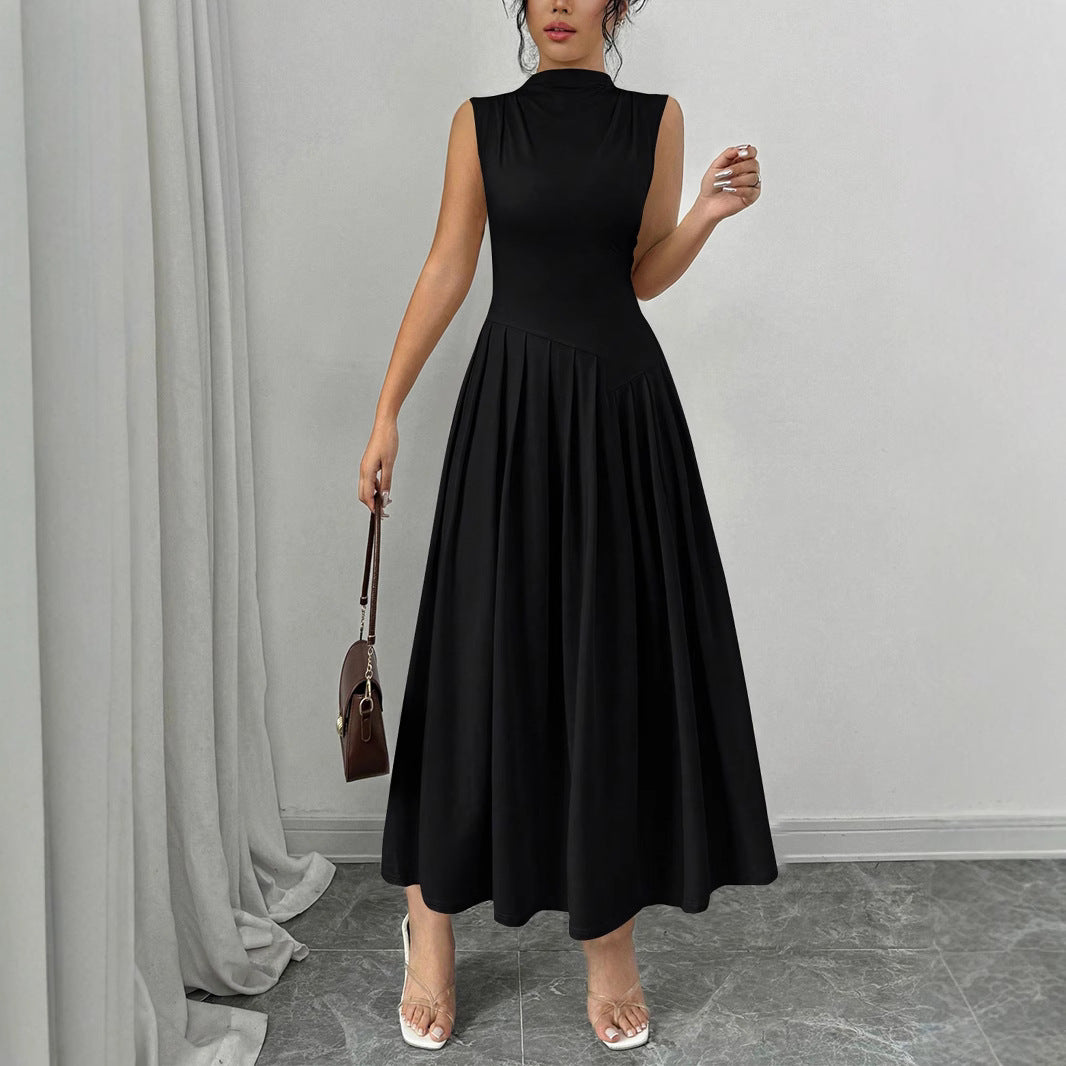 Damen Ärmelloses Maxikleid mit hohem Stehkragen, tailliertem Oberteil und plissiertem Rock – Avérine