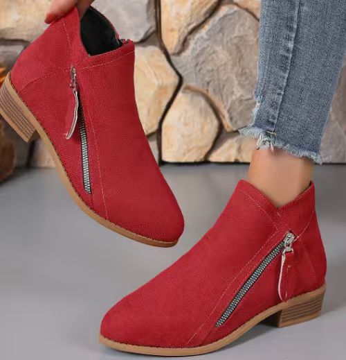 Damen Ankle-Boots aus Velourslederoptik mit seitlichem Zipper und mittelhohem Blockabsatz – Varelle