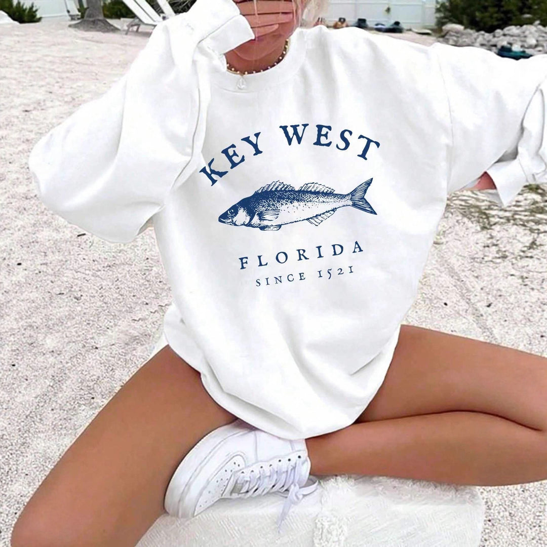 Damen nan Oversize-Sweatshirt mit maritimem Key-West Fischmotiv, dropped-Shoulder und weichem Baumwollmix Echo Archiv