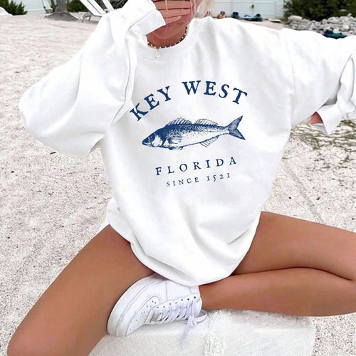 Damen nan Oversize-Sweatshirt mit maritimem Key-West Fischmotiv, dropped-Shoulder und weichem Baumwollmix Echo Archiv