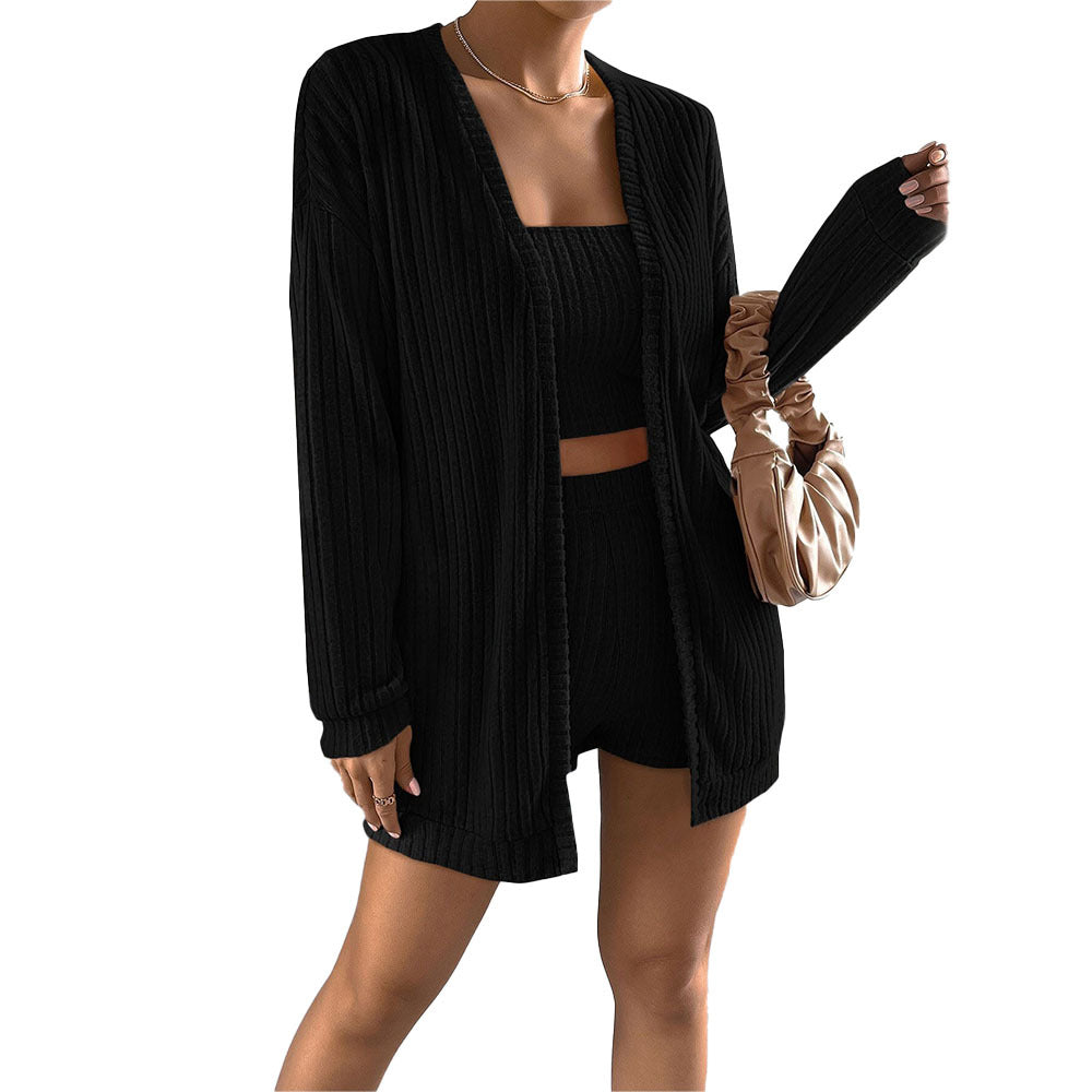 Damen gerippter Lounge-Zweiteiler mit offenem Longcardigan, tailliertem Bustier-Top und High‑Waist-Shorts – Élanora