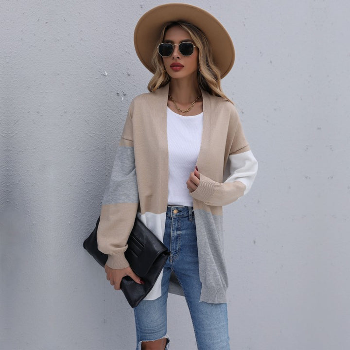 Damen Langer Colorblock-Feinstrickcardigan mit offener Front und überschnittener Schulter – Veloura