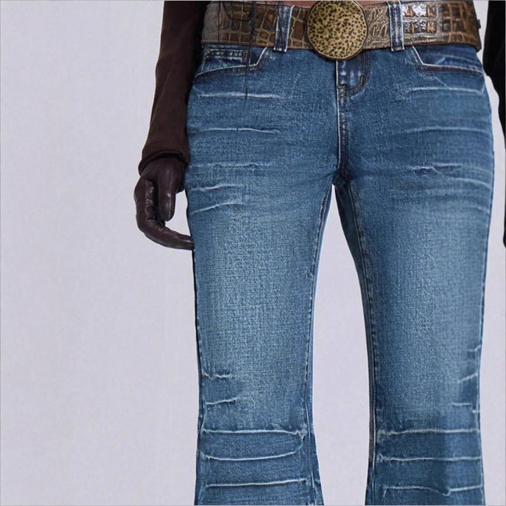 Damen Hochtaillierte Vintage-Flared-Jeans im Siebziger-Stil mit horizontaler Rips-Optik und extra weitem Schlag Echo Archiv