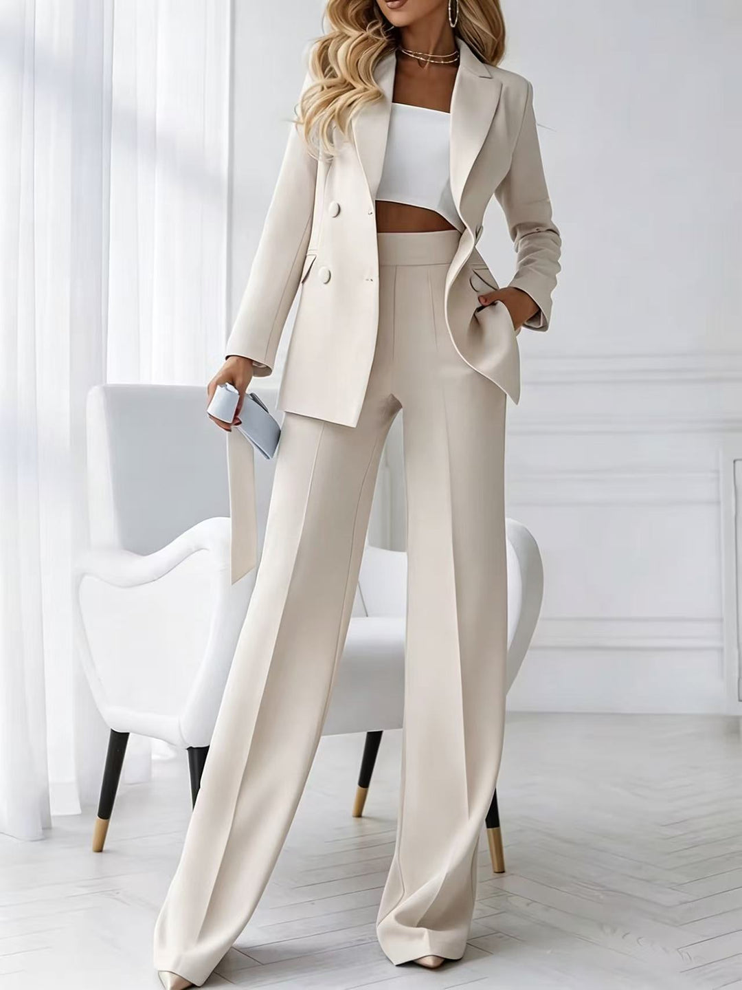Damen Zweiteiliger Business-Hosenanzug mit tailliertem Zweireiherblazer und High-Waist Palazzo-Hose – Valéne