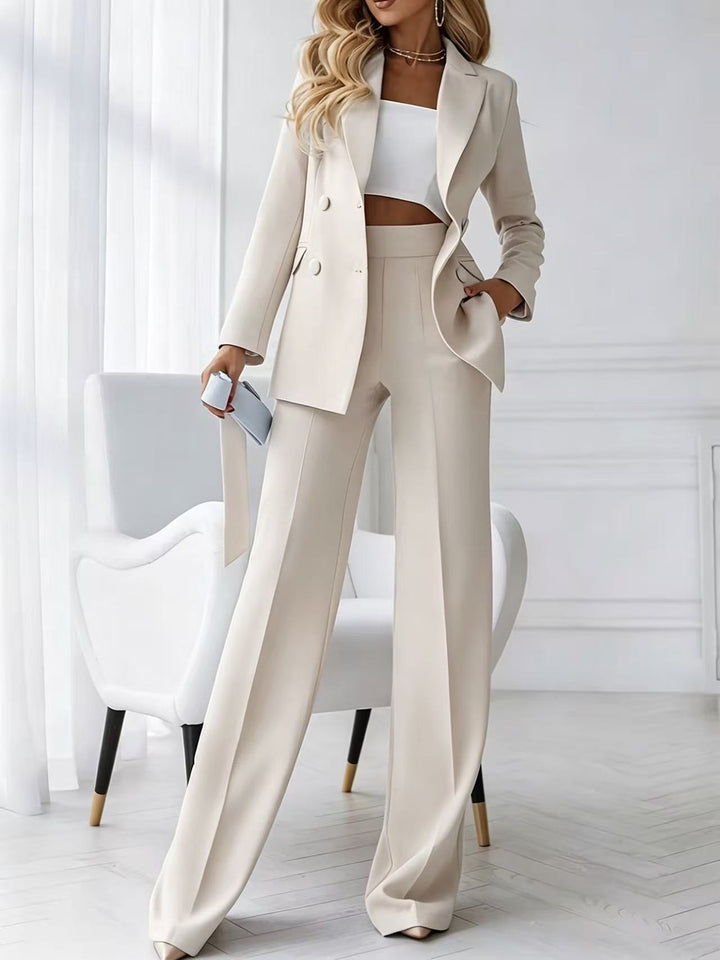 Damen Zweiteiliger Business-Hosenanzug mit tailliertem Zweireiherblazer und High-Waist Palazzo-Hose – Valéne