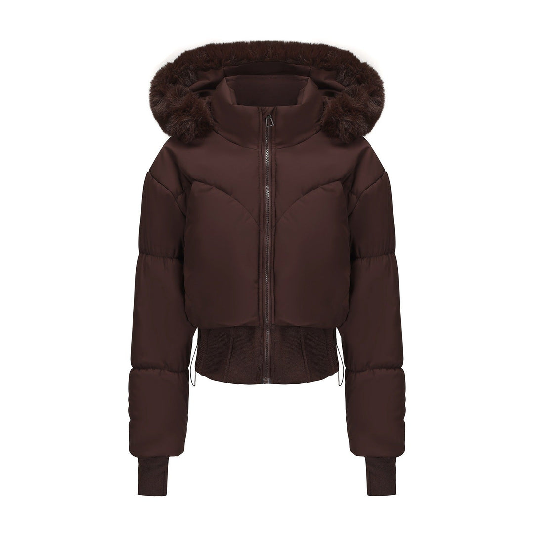 Damen cropped Daunenjacke mit abnehmbarer Kapuze und Kunstfellbesatz – Célinea