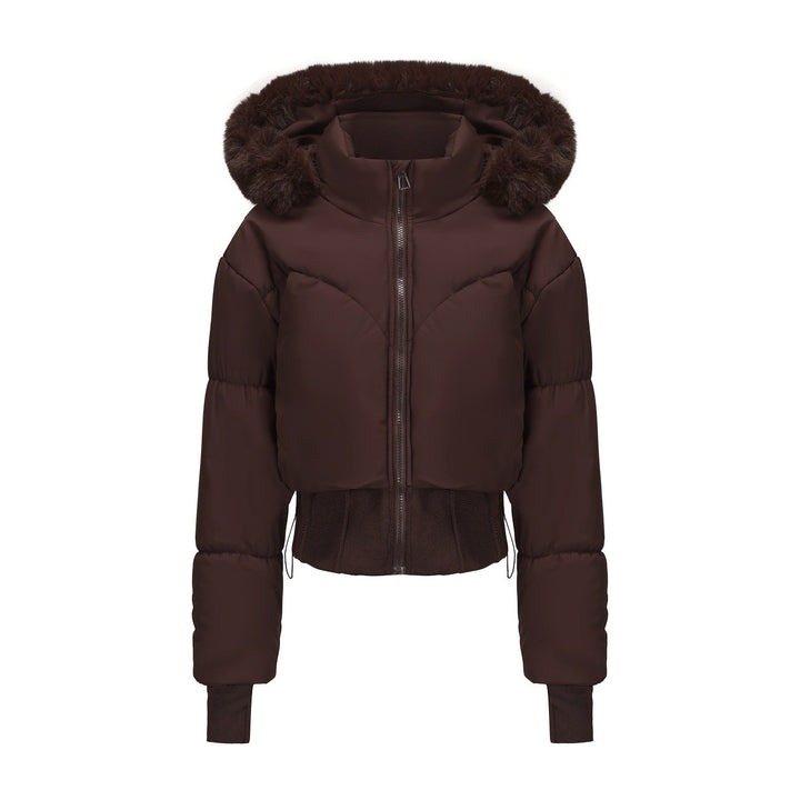 Damen cropped Daunenjacke mit abnehmbarer Kapuze und Kunstfellbesatz – Célinea