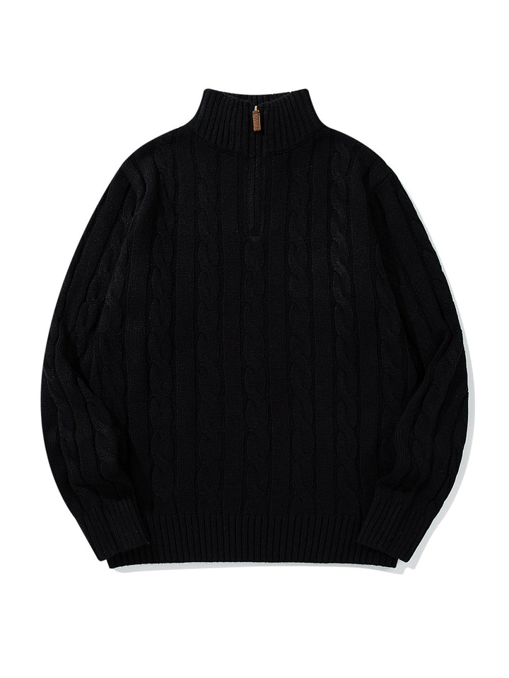 Unisex Zopfmuster-Halbzip-Pullover mit hohem Rippkragen und Oversize-Schnitt Echoarchiv