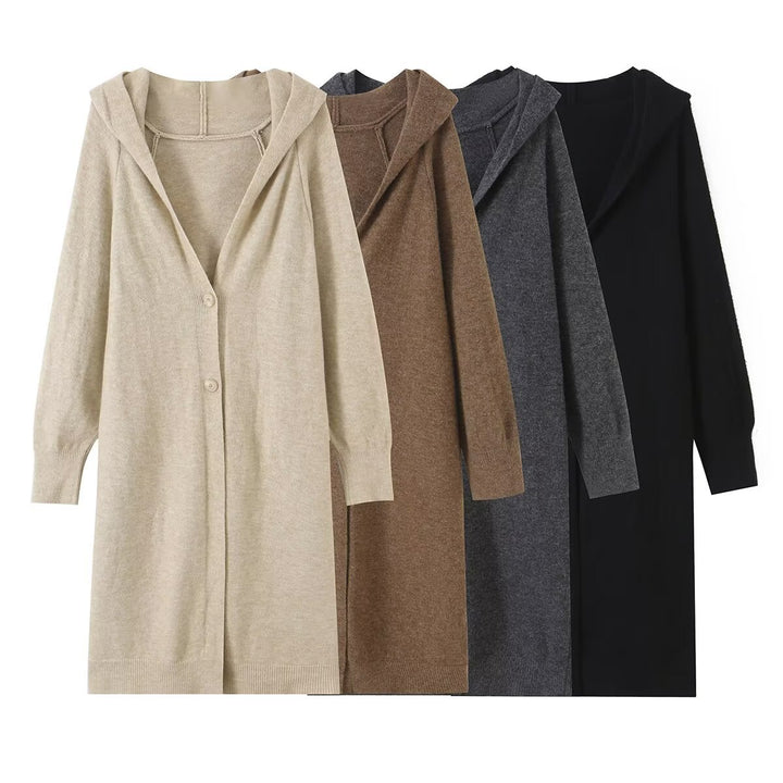 Damen Longline Strickcardigan mit Kapuze, Feinstrick und Knopfverschluss Echo Archiv