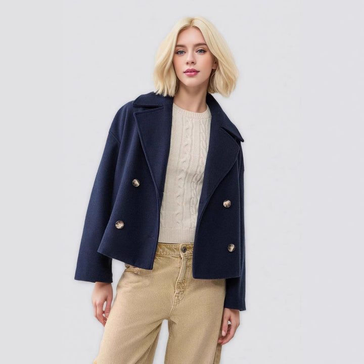 Damen nan kurzes doppeltreihiges Wollmix-Manteljacke im Boxy-Cut mit weitem Reverskragen Echo Archiv