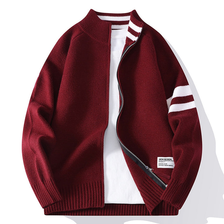 Herren nan gestrickte Zip-Cardigan im College-Stil mit gestreiftem Ärmelband und geripptem Stehkragen Echo Archiv