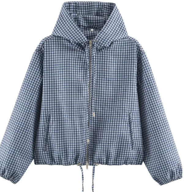 Damen Karierte Cropped Kapuzenjacke mit Tunnelzugsaum und Zwei‑Wege‑Reißverschluss Echo Archiv