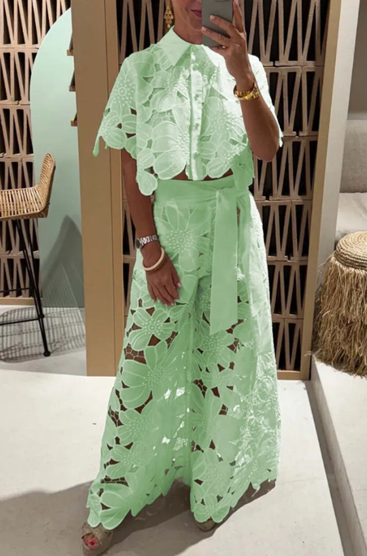 Damen nan zweiteiliges Spitzenensemble mit bauchfreier Bluse und weiter Palazzohose Echo Archiv