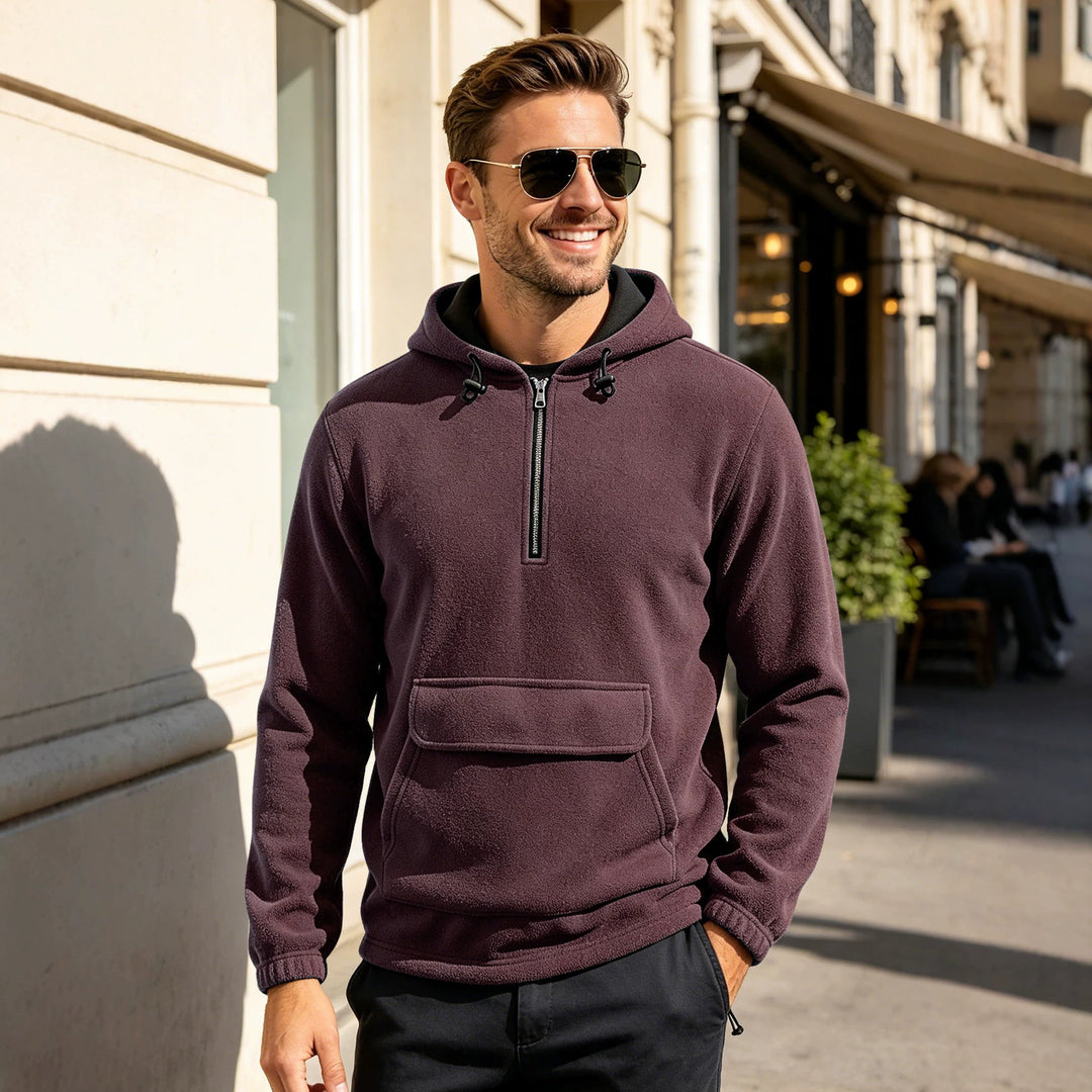Herren Fleece-Hoodie mit halbem Reißverschluss, Kängurutasche und verstellbarer Kapuze – Cavarno