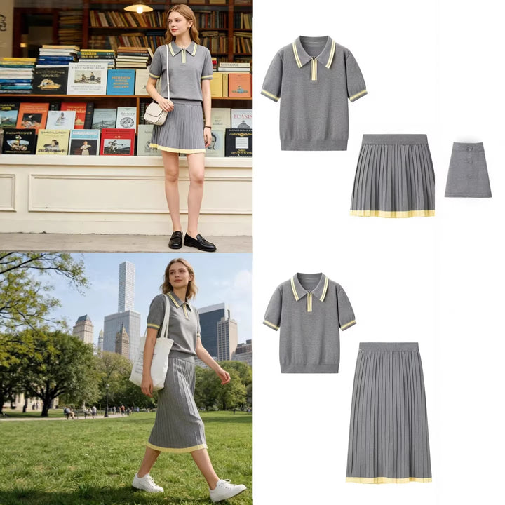 Damen Zweiteiliges Strick-Set mit Poloshirt und plissiertem Midirock Echo Archiv