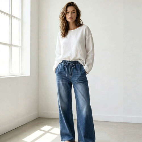 Damen nan Relaxed-Fit Denim-Hose mit elastischem Tunnelzugbund, dezentem Used-Effekt und weitem Bein Echo Archiv