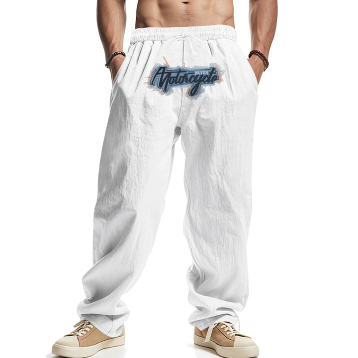 Herren Locker sitzende Leinenoptik-Relaxhose mit elastischem Bund, Kordelzug & Frontprint – Sorevano