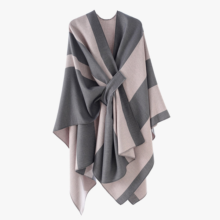 Damen Wickel‑Cape mit breitem Streifenmuster und Bindegürtel – Avérine